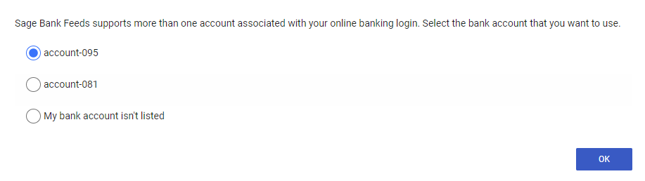 Sage dialog listing the available source bank accounts Sage account selection screen