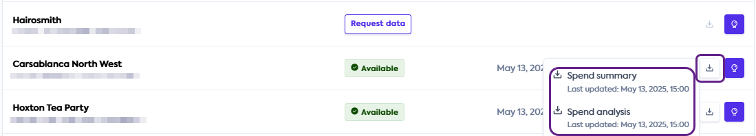 An image of the Portal user interface with the download dropdown displayed and download button highlighted for an example company